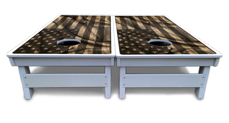 Waterproof - USA Wood Flag Design - All Weather Boards "Outdoor Solution" 18mm(3/4")Direct UV Printed - Regulation 2' by 4' Cornhole Boards (Set of 2 Boards) Double Thick Legs, with Leg Brace & Dual Support Braces!