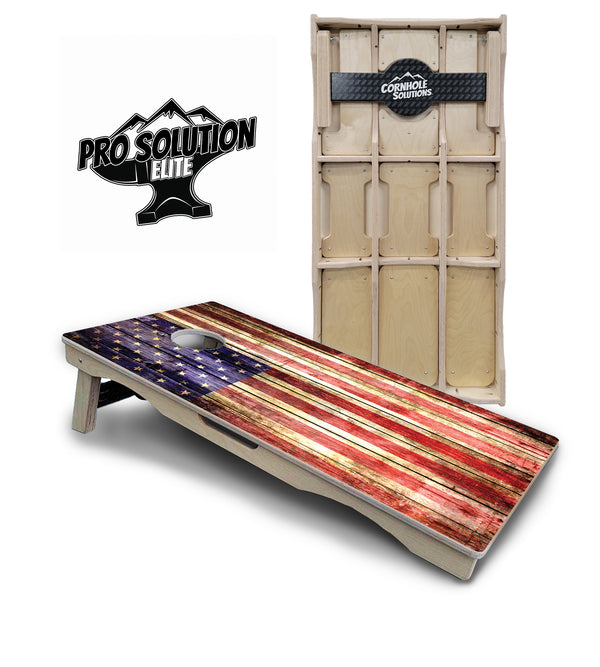 Pro Solution Elite - Rustic Wood Flag - Professional Tournament Cornhole Boards 3/4" Baltic Birch - Zero Bounce Zero Movement Vertical Interlocking Braces for Extra Weight & Stability +Double Thick Legs +Airmail Blocker