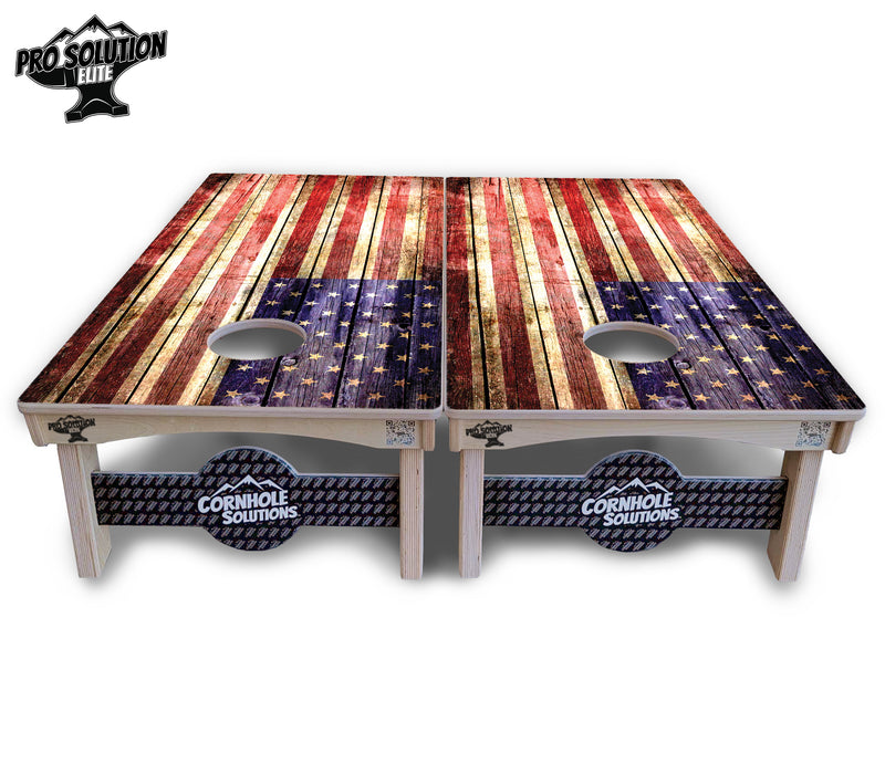 Pro Solution Elite - Rustic Wood Flag - Professional Tournament Cornhole Boards 3/4" Baltic Birch - Zero Bounce Zero Movement Vertical Interlocking Braces for Extra Weight & Stability +Double Thick Legs +Airmail Blocker