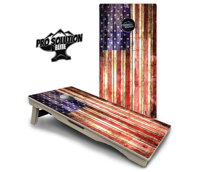 Pro Solution Elite - Rustic Wood Flag - Professional Tournament Cornhole Boards 3/4" Baltic Birch - Zero Bounce Zero Movement Vertical Interlocking Braces for Extra Weight & Stability +Double Thick Legs +Airmail Blocker