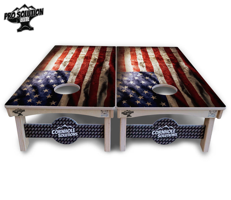 Pro Solution Elite - American Flag - Professional Tournament Cornhole Boards 3/4" Baltic Birch - Zero Bounce Zero Movement Vertical Interlocking Braces for Extra Weight & Stability +Double Thick Legs +Airmail Blocker