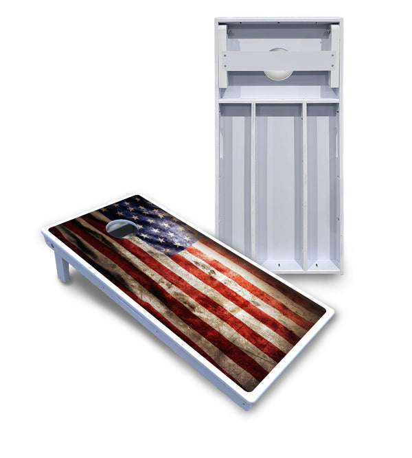 Waterproof - American Flag - All Weather Boards "Outdoor Solution" 18mm(3/4")Direct UV Printed - Regulation 2' by 4' Cornhole Boards (Set of 2 Boards) Double Thick Legs, with Leg Brace & Dual Support Braces!