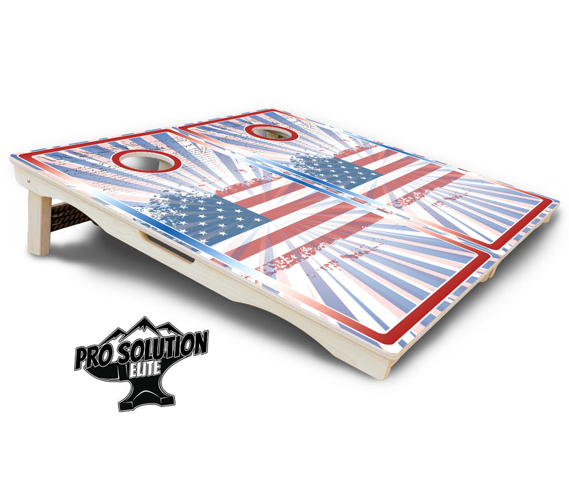 Pro Solution Elite - Patriotic Sunburst Design Options - Professional Tournament Cornhole Boards 3/4" Baltic Birch - Zero Bounce Zero Movement Vertical Interlocking Braces for Extra Weight & Stability +Double Thick Legs +Airmail Blocker