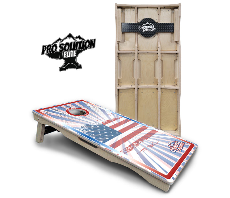 Pro Solution Elite - Patriotic Sunburst Design Options - Professional Tournament Cornhole Boards 3/4" Baltic Birch - Zero Bounce Zero Movement Vertical Interlocking Braces for Extra Weight & Stability +Double Thick Legs +Airmail Blocker