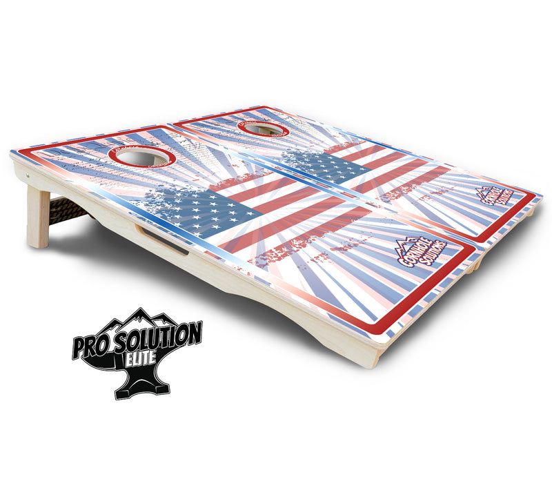 Pro Solution Elite - Patriotic Sunburst Design Options - Professional Tournament Cornhole Boards 3/4" Baltic Birch - Zero Bounce Zero Movement Vertical Interlocking Braces for Extra Weight & Stability +Double Thick Legs +Airmail Blocker