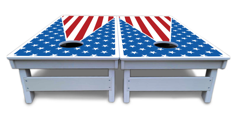 Waterproof - Stars and Stripes Flag Design - All Weather Boards "Outdoor Solution" 18mm(3/4")Direct UV Printed - Regulation 2' by 4' Cornhole Boards (Set of 2 Boards) Double Thick Legs, with Leg Brace & Dual Support Braces!