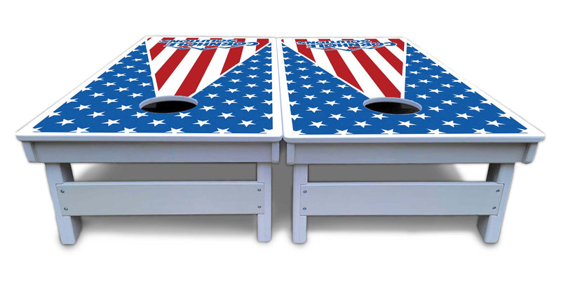 Waterproof - Stars & Stripes Triangle CS Logo - All Weather Boards "Outdoor Solution" 18mm(3/4")Direct UV Printed - Regulation 2' by 4' Cornhole Boards (Set of 2 Boards) Double Thick Legs, with Leg Brace & Dual Support Braces!