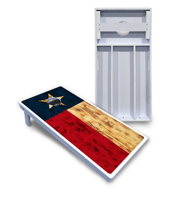 Waterproof - Burnt Texas Flag - All Weather Boards "Outdoor Solution" 18mm(3/4")Direct UV Printed - Regulation 2' by 4' Cornhole Boards (Set of 2 Boards) Double Thick Legs, with Leg Brace & Dual Support Braces!