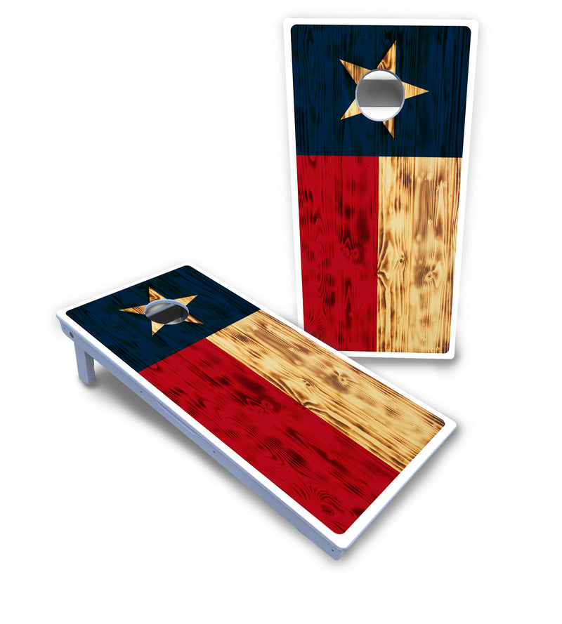 Waterproof - Burnt Texas Flag - All Weather Boards "Outdoor Solution" 18mm(3/4")Direct UV Printed - Regulation 2' by 4' Cornhole Boards (Set of 2 Boards) Double Thick Legs, with Leg Brace & Dual Support Braces!