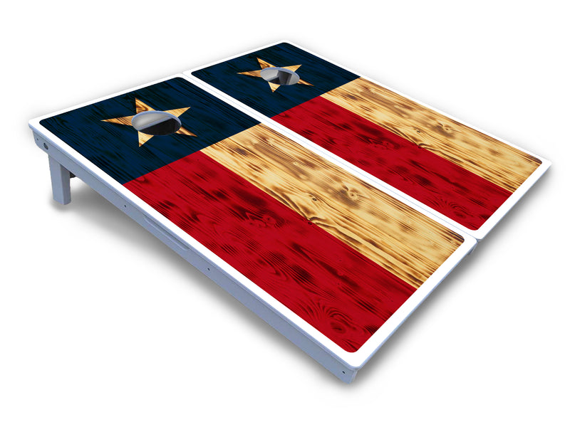 Waterproof - Burnt Texas Flag - All Weather Boards "Outdoor Solution" 18mm(3/4")Direct UV Printed - Regulation 2' by 4' Cornhole Boards (Set of 2 Boards) Double Thick Legs, with Leg Brace & Dual Support Braces!