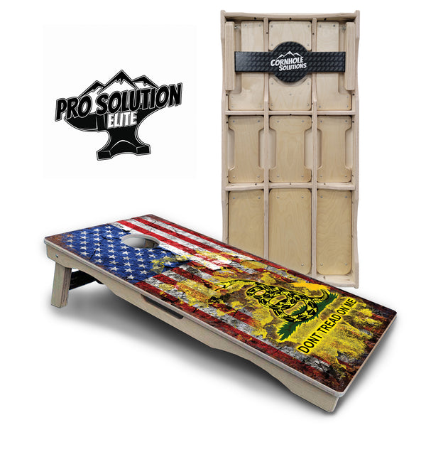 Pro Solution Elite - Don't Tread On Me Design Options - Professional Tournament Cornhole Boards 3/4" Baltic Birch - Zero Bounce Zero Movement Vertical Interlocking Braces for Extra Weight & Stability +Double Thick Legs +Airmail Blocker