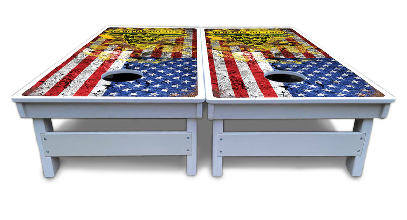 Waterproof - DTOM Flag 1 - All Weather Boards "Outdoor Solution" 18mm(3/4")Direct UV Printed - Regulation 2' by 4' Cornhole Boards (Set of 2 Boards) Double Thick Legs, with Leg Brace & Dual Support Braces!