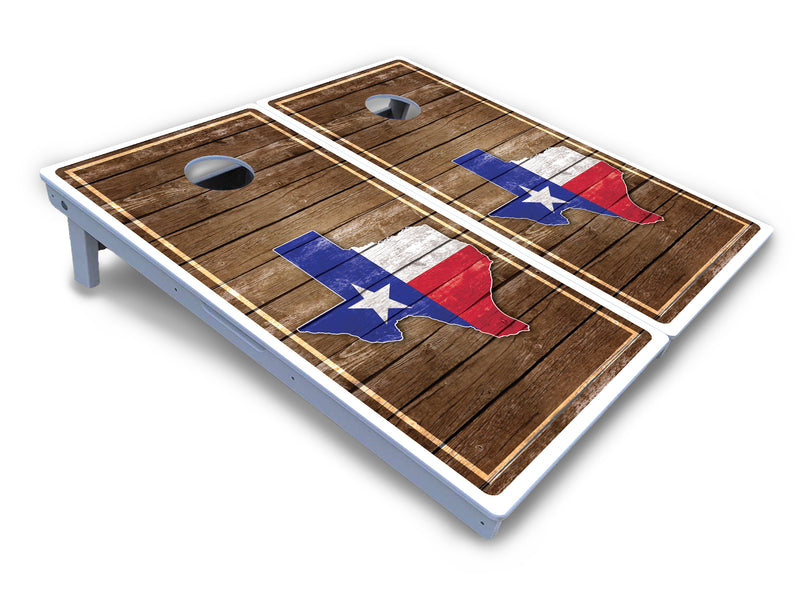 Waterproof - Texas Wood Slats Design - All Weather Boards "Outdoor Solution" 18mm(3/4")Direct UV Printed - Regulation 2' by 4' Cornhole Boards (Set of 2 Boards) Double Thick Legs, with Leg Brace & Dual Support Braces!