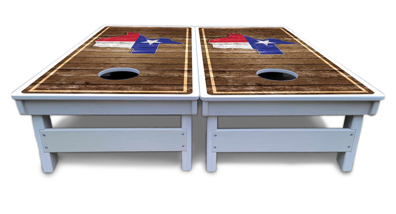 Waterproof - Texas Wood Slats Design - All Weather Boards "Outdoor Solution" 18mm(3/4")Direct UV Printed - Regulation 2' by 4' Cornhole Boards (Set of 2 Boards) Double Thick Legs, with Leg Brace & Dual Support Braces!