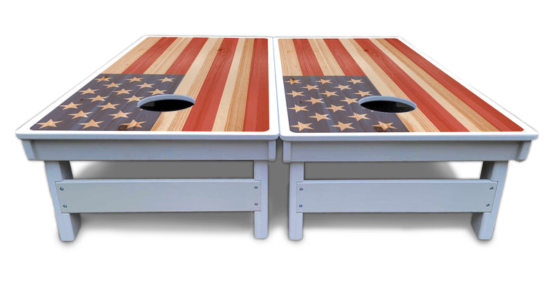 Waterproof - Faded Texas & American Flag Options - All Weather Boards "Outdoor Solution" 18mm(3/4")Direct UV Printed - Regulation 2' by 4' Cornhole Boards (Set of 2 Boards) Double Thick Legs, with Leg Brace & Dual Support Braces!