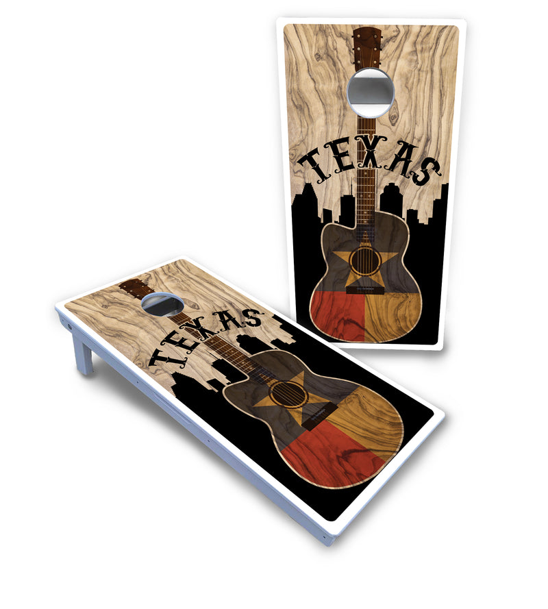 Waterproof - Texas Guitar Design - All Weather Boards "Outdoor Solution" 18mm(3/4")Direct UV Printed - Regulation 2' by 4' Cornhole Boards (Set of 2 Boards) Double Thick Legs, with Leg Brace & Dual Support Braces!