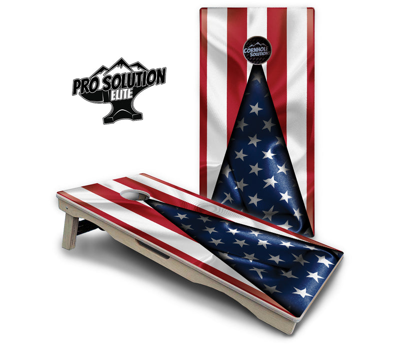 Pro Solution Elite - American Flag Triangle - Professional Tournament Cornhole Boards 3/4" Baltic Birch - Zero Bounce Zero Movement Vertical Interlocking Braces for Extra Weight & Stability +Double Thick Legs +Airmail Blocker