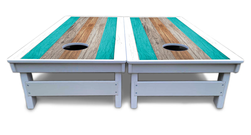 Waterproof - Beach Theme Stripe - All Weather Boards "Outdoor Solution" 18mm(3/4")Direct UV Printed - Regulation 2' by 4' Cornhole Boards (Set of 2 Boards) Double Thick Legs, with Leg Brace & Dual Support Braces!