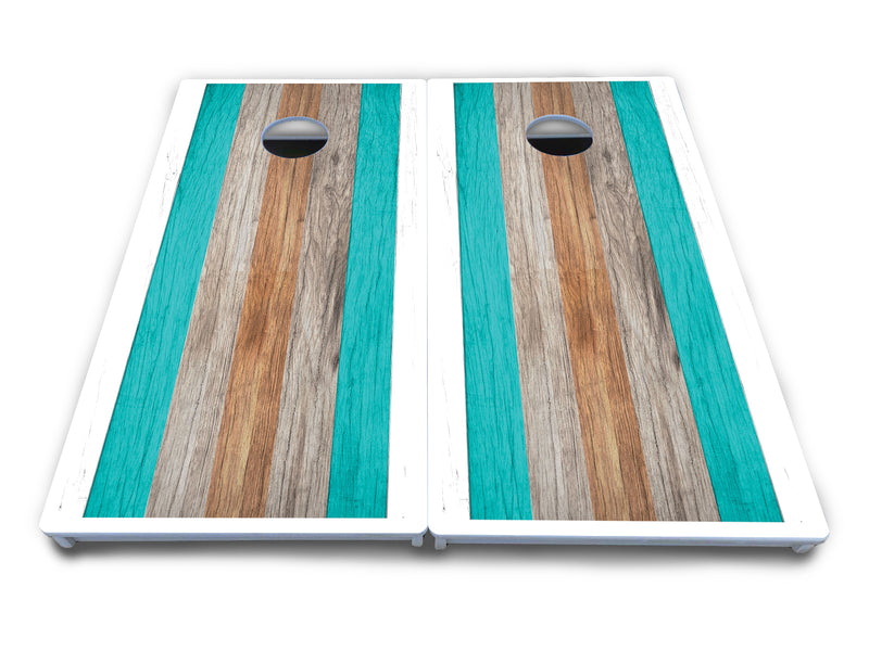 Waterproof - Beach Theme Stripe - All Weather Boards "Outdoor Solution" 18mm(3/4")Direct UV Printed - Regulation 2' by 4' Cornhole Boards (Set of 2 Boards) Double Thick Legs, with Leg Brace & Dual Support Braces!