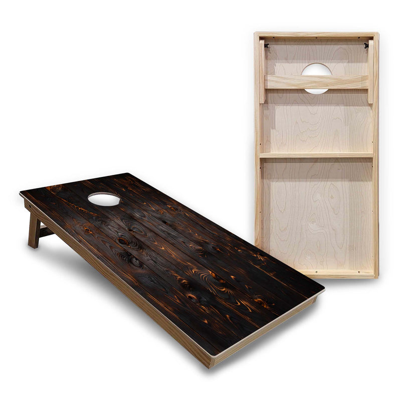 Backyard Solution Boards - Dark Burnt Wood - Regulation 2'x4' Boards - 15mm Baltic Birch Tops - Solid Wood Frames + Folding Legs w/Brace + (1) Support Brace + UV Direct Print + UV Clear Coat