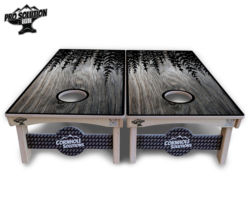 Pro Solution Elite - Greyscale Pine Trees - Professional Tournament Cornhole Boards 3/4" Baltic Birch - Zero Bounce Zero Movement Vertical Interlocking Braces for Extra Weight & Stability +Double Thick Legs +Airmail Blocker