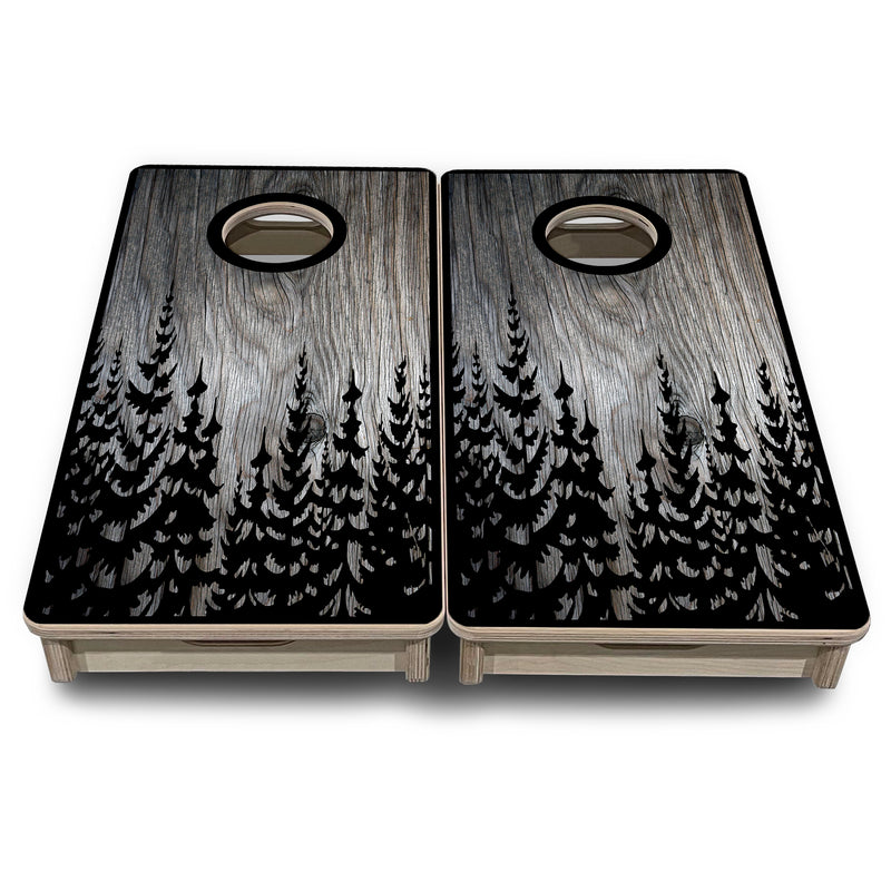 Mini Cornhole 12"x24" Boards - 4" holes - Greyscale Pine Trees - 3/4″ Baltic Birch