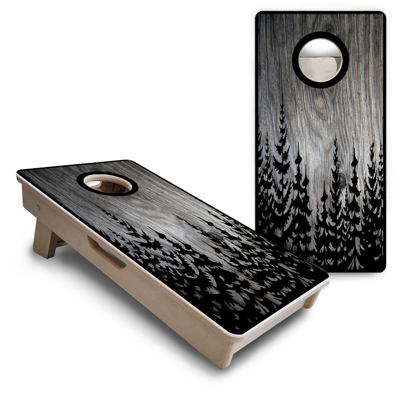 Mini Cornhole 12"x24" Boards - 4" holes - Greyscale Pine Trees - 3/4″ Baltic Birch