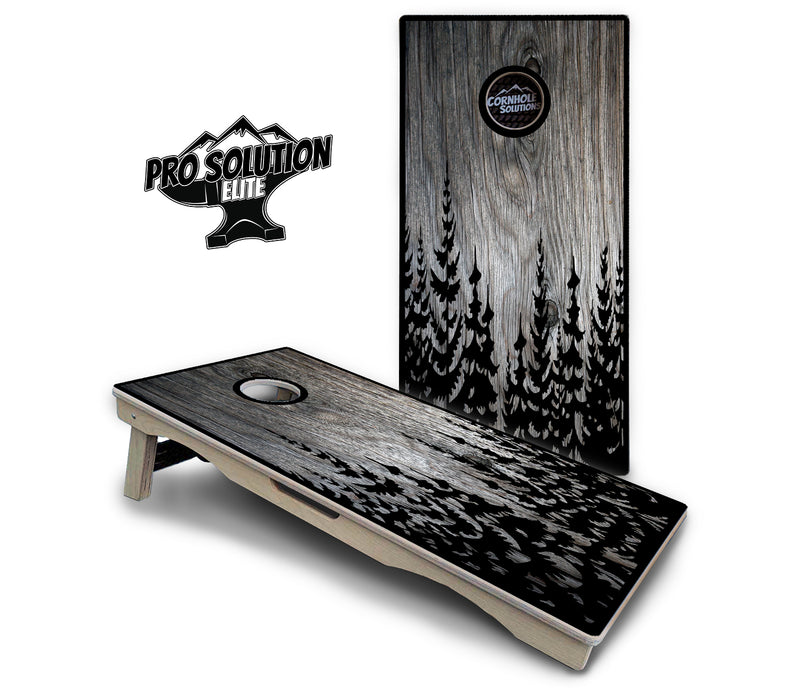 Pro Solution Elite - Greyscale Pine Trees - Professional Tournament Cornhole Boards 3/4" Baltic Birch - Zero Bounce Zero Movement Vertical Interlocking Braces for Extra Weight & Stability +Double Thick Legs +Airmail Blocker