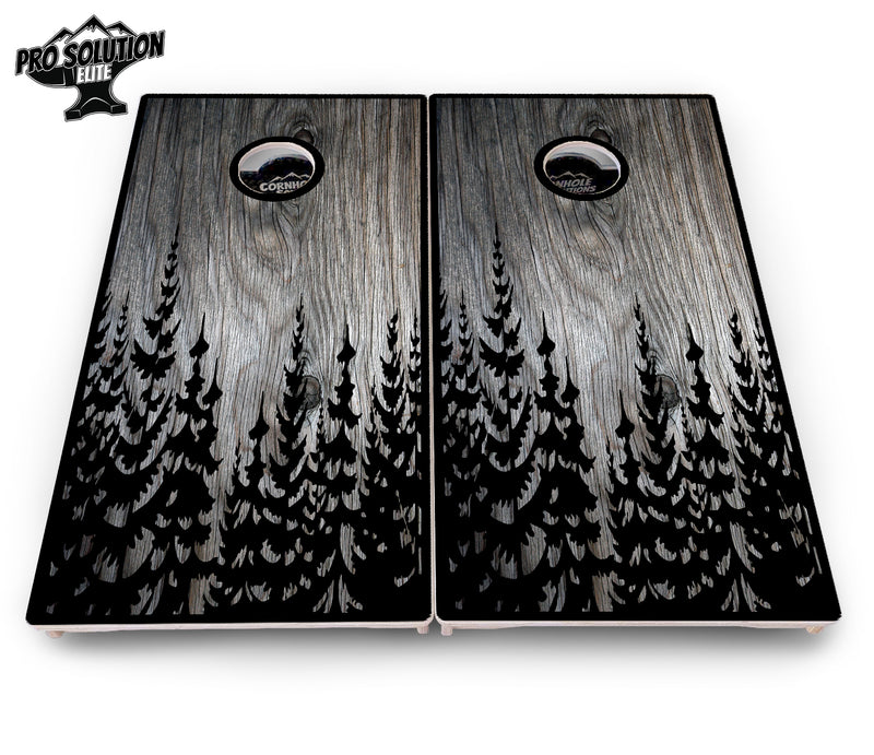 Pro Solution Elite - Greyscale Pine Trees - Professional Tournament Cornhole Boards 3/4" Baltic Birch - Zero Bounce Zero Movement Vertical Interlocking Braces for Extra Weight & Stability +Double Thick Legs +Airmail Blocker