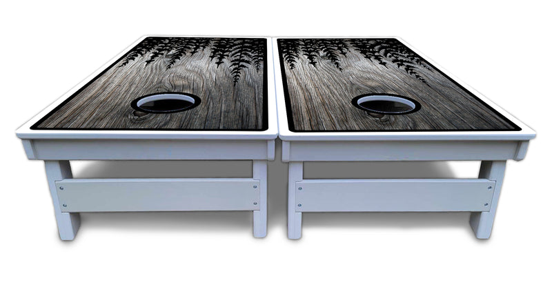 Waterproof - Greyscale Pine Trees - All Weather Boards "Outdoor Solution" 18mm(3/4")Direct UV Printed - Regulation 2' by 4' Cornhole Boards (Set of 2 Boards) Double Thick Legs, with Leg Brace & Dual Support Braces!