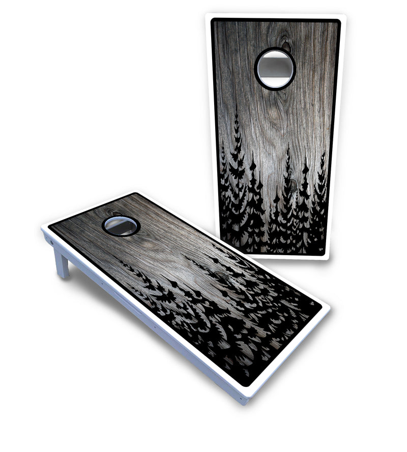 Waterproof - Greyscale Pine Trees - All Weather Boards "Outdoor Solution" 18mm(3/4")Direct UV Printed - Regulation 2' by 4' Cornhole Boards (Set of 2 Boards) Double Thick Legs, with Leg Brace & Dual Support Braces!