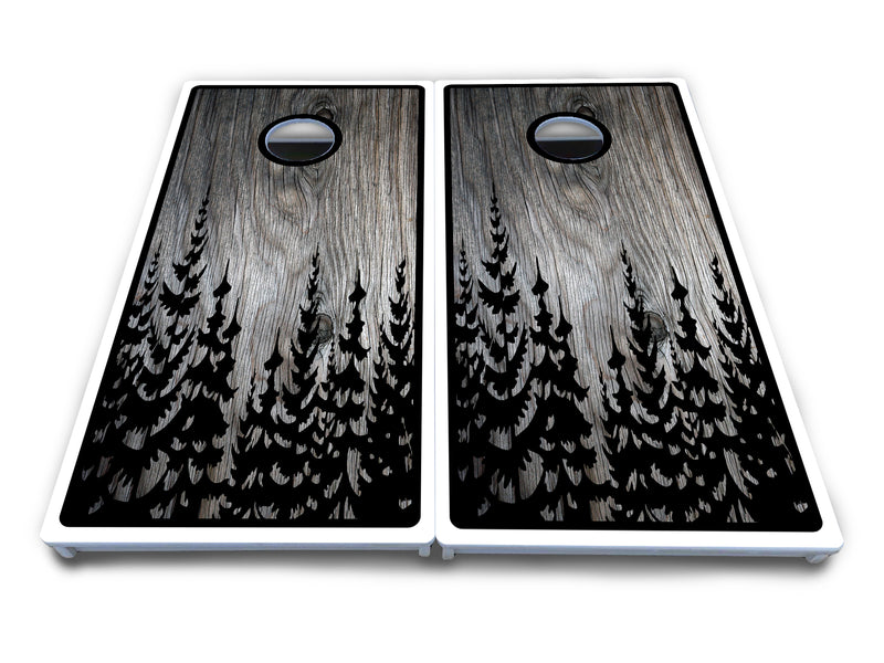 Waterproof - Greyscale Pine Trees - All Weather Boards "Outdoor Solution" 18mm(3/4")Direct UV Printed - Regulation 2' by 4' Cornhole Boards (Set of 2 Boards) Double Thick Legs, with Leg Brace & Dual Support Braces!