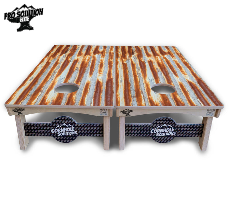 Pro Solution Elite - Rustic Tin Roof - Professional Tournament Cornhole Boards 3/4" Baltic Birch - Zero Bounce Zero Movement Vertical Interlocking Braces for Extra Weight & Stability +Double Thick Legs +Airmail Blocker