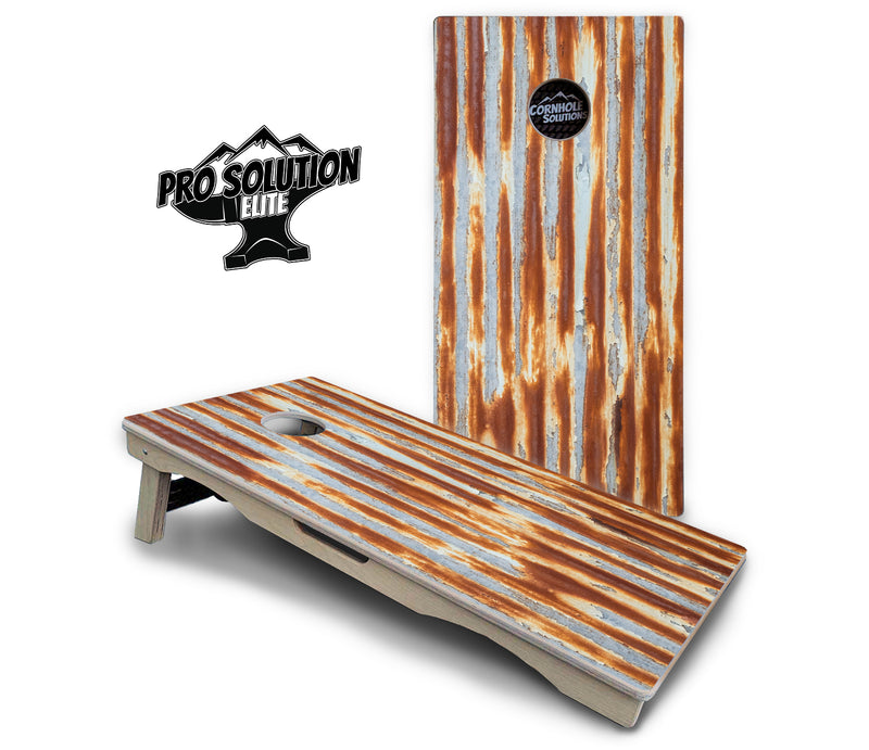 Pro Solution Elite - Rustic Tin Roof - Professional Tournament Cornhole Boards 3/4" Baltic Birch - Zero Bounce Zero Movement Vertical Interlocking Braces for Extra Weight & Stability +Double Thick Legs +Airmail Blocker