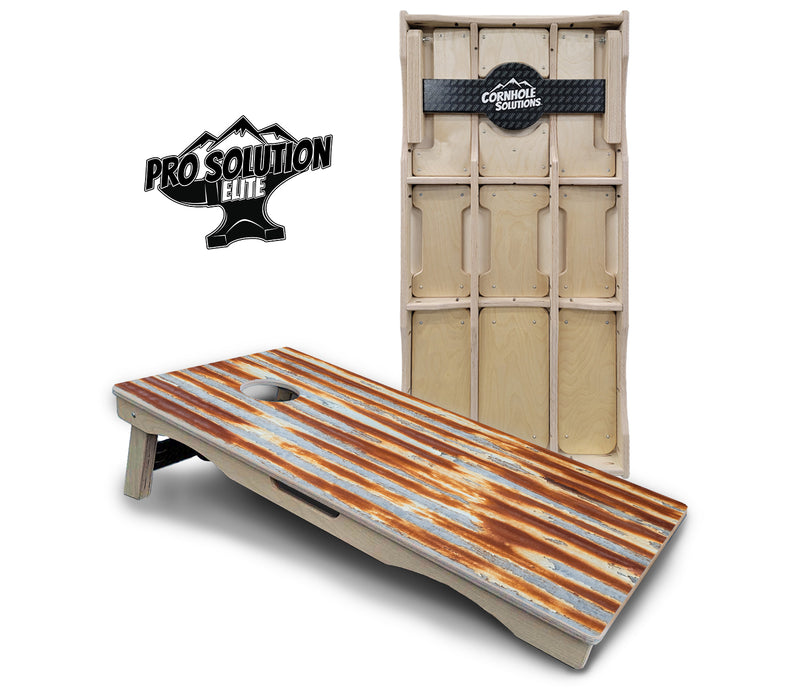 Pro Solution Elite - Rustic Tin Roof - Professional Tournament Cornhole Boards 3/4" Baltic Birch - Zero Bounce Zero Movement Vertical Interlocking Braces for Extra Weight & Stability +Double Thick Legs +Airmail Blocker