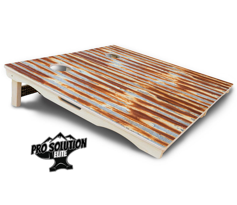 Pro Solution Elite - Rustic Tin Roof - Professional Tournament Cornhole Boards 3/4" Baltic Birch - Zero Bounce Zero Movement Vertical Interlocking Braces for Extra Weight & Stability +Double Thick Legs +Airmail Blocker