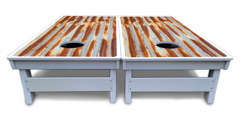 Waterproof - Rustic Tin Roof - All Weather Boards "Outdoor Solution" 18mm(3/4")Direct UV Printed - Regulation 2' by 4' Cornhole Boards (Set of 2 Boards) Double Thick Legs, with Leg Brace & Dual Support Braces!