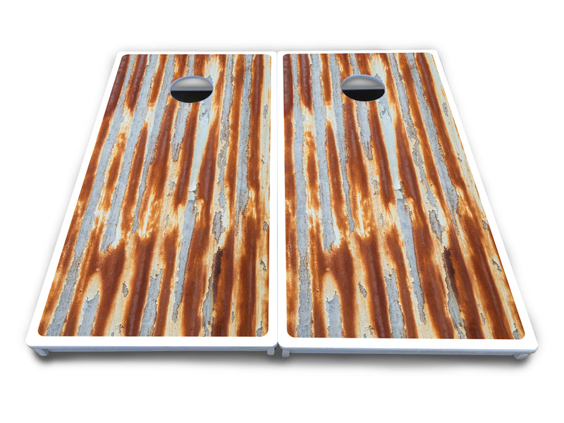 Waterproof - Rustic Tin Roof - All Weather Boards "Outdoor Solution" 18mm(3/4")Direct UV Printed - Regulation 2' by 4' Cornhole Boards (Set of 2 Boards) Double Thick Legs, with Leg Brace & Dual Support Braces!