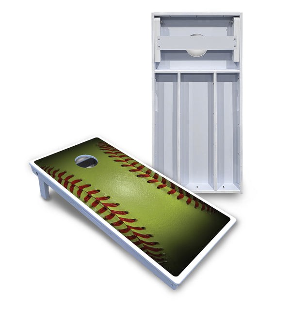 Waterproof - Softball Design - All Weather Boards "Outdoor Solution" 18mm(3/4")Direct UV Printed - Regulation 2' by 4' Cornhole Boards (Set of 2 Boards) Double Thick Legs, with Leg Brace & Dual Support Braces!