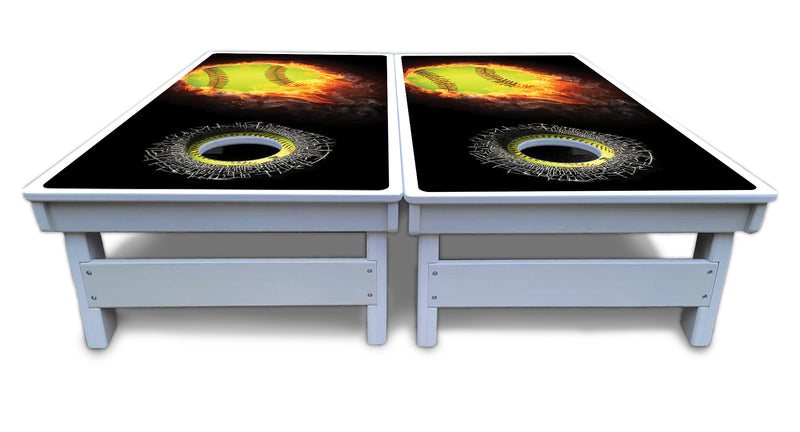 Waterproof - Fire Softball - All Weather Boards "Outdoor Solution" 18mm(3/4")Direct UV Printed - Regulation 2' by 4' Cornhole Boards (Set of 2 Boards) Double Thick Legs, with Leg Brace & Dual Support Braces!