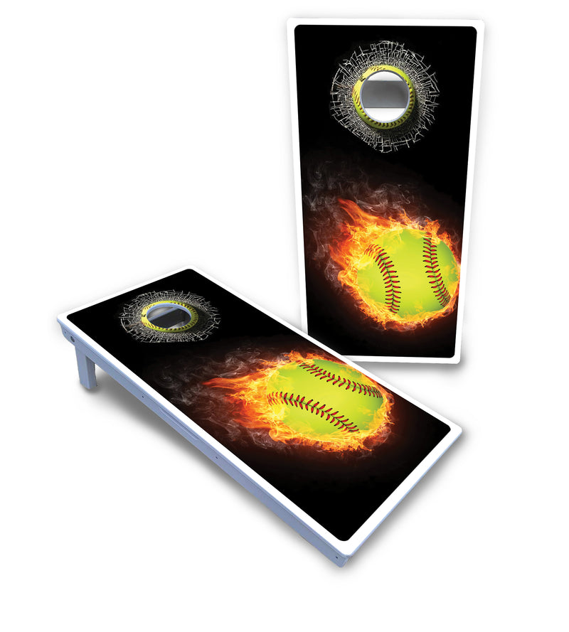 Waterproof - Fire Softball - All Weather Boards "Outdoor Solution" 18mm(3/4")Direct UV Printed - Regulation 2' by 4' Cornhole Boards (Set of 2 Boards) Double Thick Legs, with Leg Brace & Dual Support Braces!