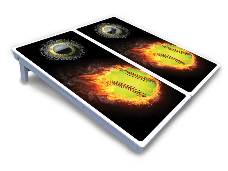 Waterproof - Fire Softball - All Weather Boards "Outdoor Solution" 18mm(3/4")Direct UV Printed - Regulation 2' by 4' Cornhole Boards (Set of 2 Boards) Double Thick Legs, with Leg Brace & Dual Support Braces!