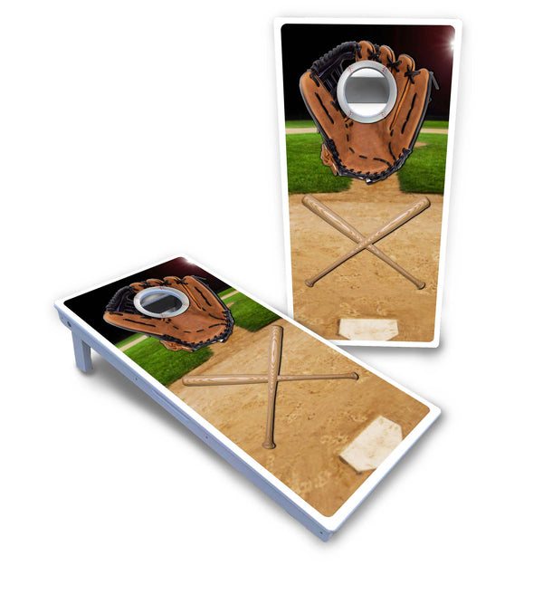 Waterproof - Baseball Glove Design - All Weather Boards "Outdoor Solution" 18mm(3/4")Direct UV Printed - Regulation 2' by 4' Cornhole Boards (Set of 2 Boards) Double Thick Legs, with Leg Brace & Dual Support Braces!