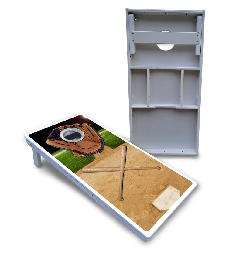 Waterproof - Baseball Glove Design - All Weather Boards "Outdoor Solution" 18mm(3/4")Direct UV Printed - Regulation 2' by 4' Cornhole Boards (Set of 2 Boards) Double Thick Legs, with Leg Brace & Dual Support Braces!