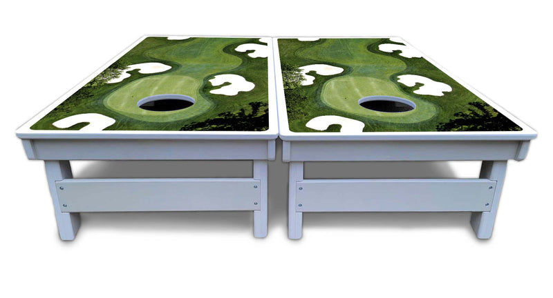 Waterproof - Golf Course Design - All Weather Boards "Outdoor Solution" 18mm(3/4")Direct UV Printed - Regulation 2' by 4' Cornhole Boards (Set of 2 Boards) Double Thick Legs, with Leg Brace & Dual Support Braces!
