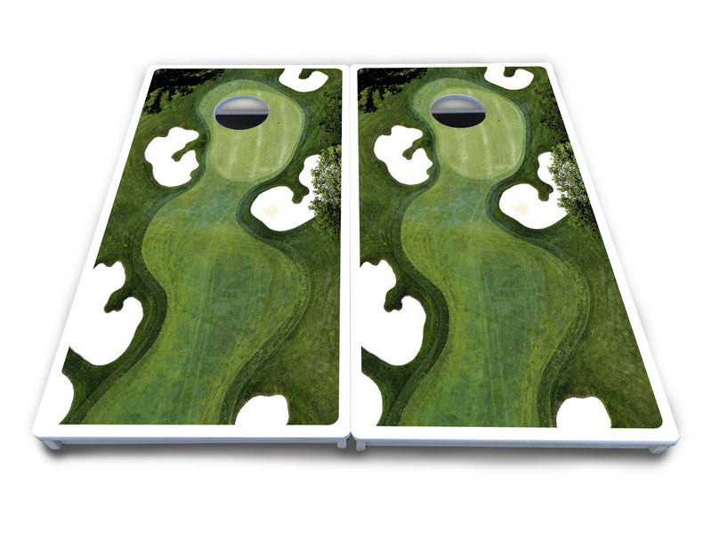 Waterproof - Golf Course Design - All Weather Boards "Outdoor Solution" 18mm(3/4")Direct UV Printed - Regulation 2' by 4' Cornhole Boards (Set of 2 Boards) Double Thick Legs, with Leg Brace & Dual Support Braces!