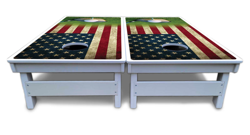 Waterproof - Golf Tee Flag - All Weather Boards "Outdoor Solution" 18mm(3/4")Direct UV Printed - Regulation 2' by 4' Cornhole Boards (Set of 2 Boards) Double Thick Legs, with Leg Brace & Dual Support Braces!