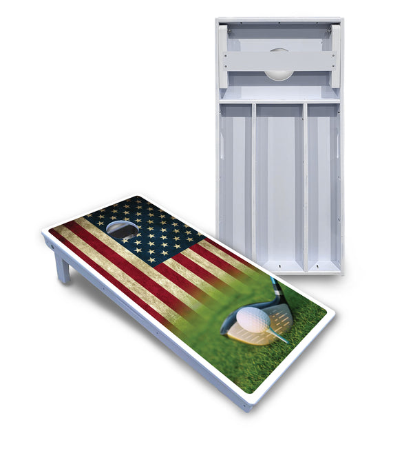 Waterproof - Golf Tee Flag - All Weather Boards "Outdoor Solution" 18mm(3/4")Direct UV Printed - Regulation 2' by 4' Cornhole Boards (Set of 2 Boards) Double Thick Legs, with Leg Brace & Dual Support Braces!