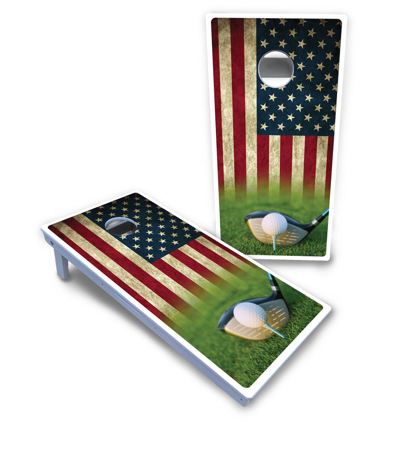 Waterproof - Golf Tee Flag - All Weather Boards "Outdoor Solution" 18mm(3/4")Direct UV Printed - Regulation 2' by 4' Cornhole Boards (Set of 2 Boards) Double Thick Legs, with Leg Brace & Dual Support Braces!