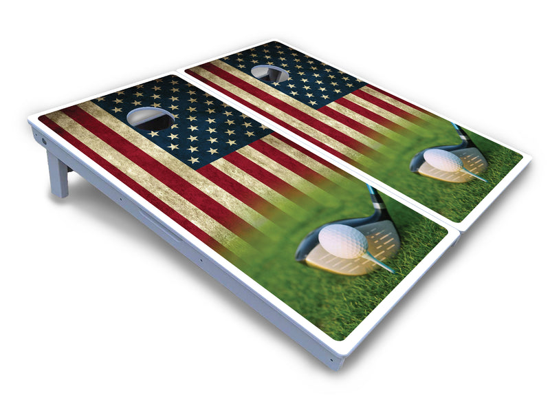 Waterproof - Golf Tee Flag - All Weather Boards "Outdoor Solution" 18mm(3/4")Direct UV Printed - Regulation 2' by 4' Cornhole Boards (Set of 2 Boards) Double Thick Legs, with Leg Brace & Dual Support Braces!